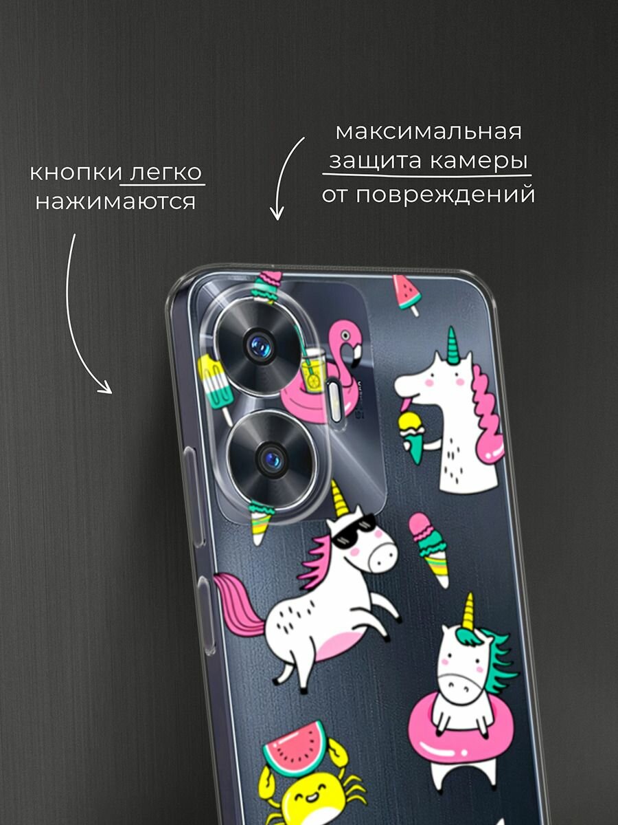 Чехол на Realme C55 / Реалми C55 с принтом "Единороги в отпуске", прозрачный — фото 1