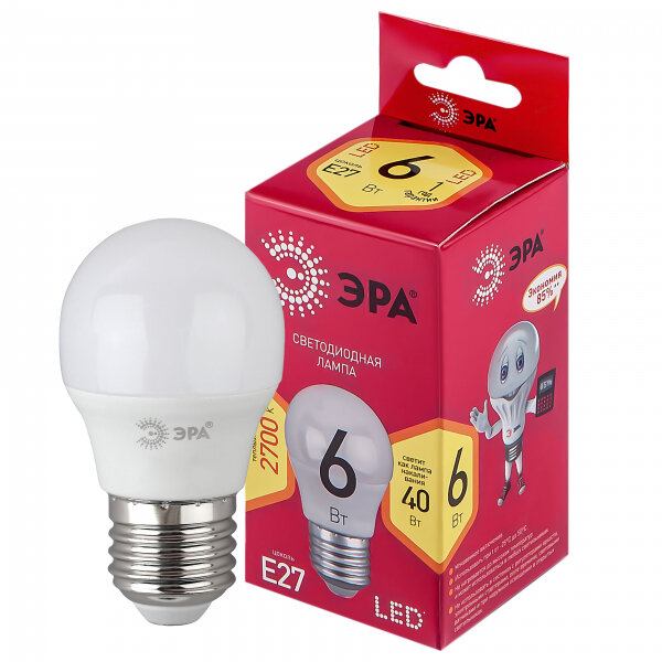 ЭРА LED P45-6W-827-E27 R (диод, шар, 6Вт, тепл, E27) (10/100/4000)