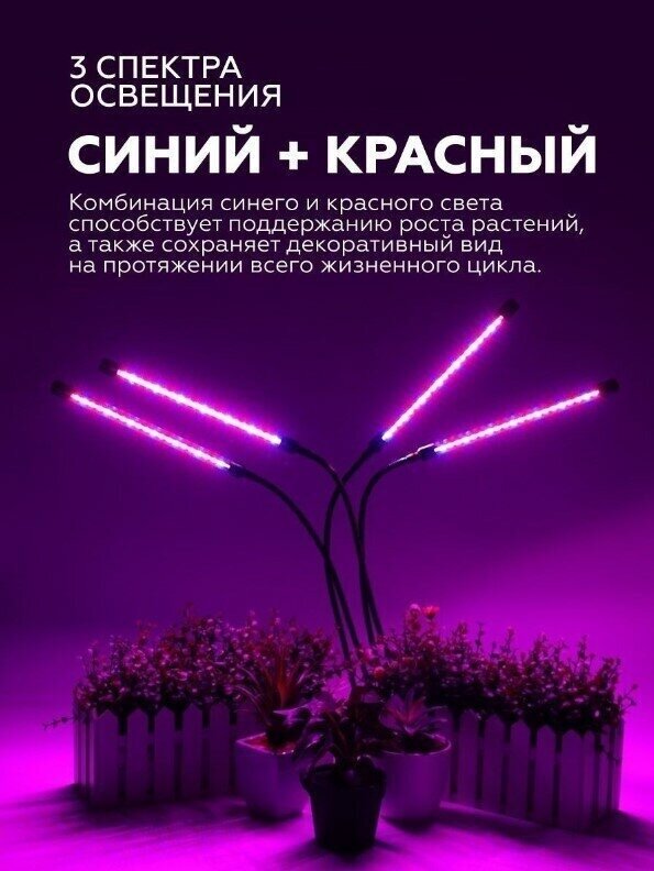 Фитолампа на прищепке 4 лампы, Фитолампа , Фитолампа для растений , Фитолампа для рассады , Светодиодная фитолампа , Фитолампа для цветов