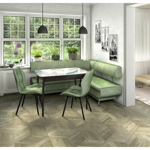 Кухонный набор Betel Угловой диван Валенсия (МД-1200+МУ-500+МД-1000)+ стол Флорида СМ-7 нога массив изогнутая+Стул Рим 2шт.) Венге/венге + Черный/ В. Мохито