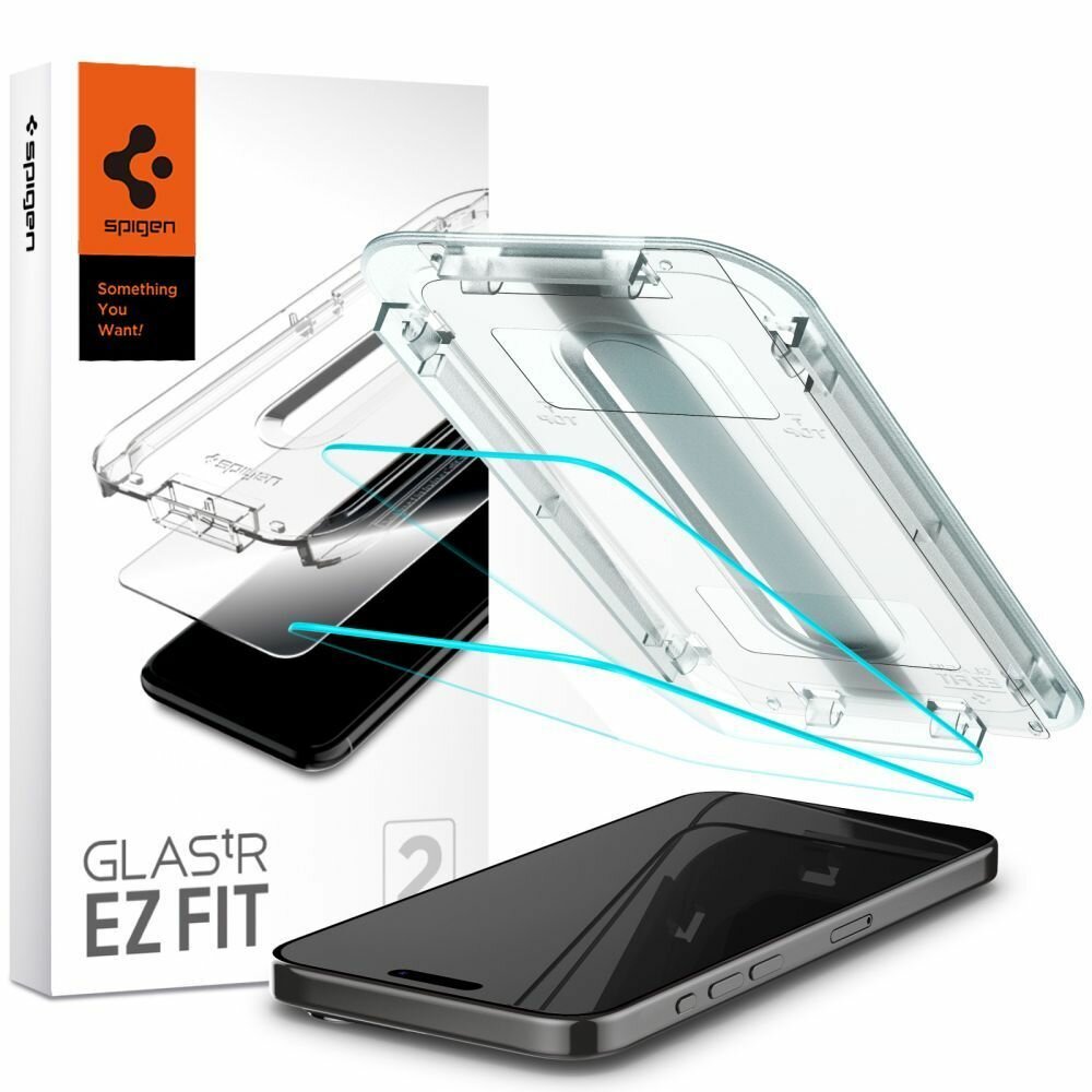 Защитное стекло 2 штуки Spigen на iPhone 15 Pro Max/ Айфон 15 Про Макс прозрачное, с рамкой для установки (AGL06872) — фото 1