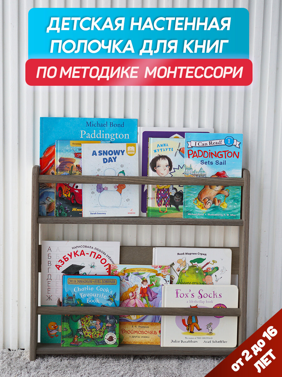 Детская настенная полочка для книг BE KIDS - M (антрацит) / Книжная полка для детей / Методика Монтессори