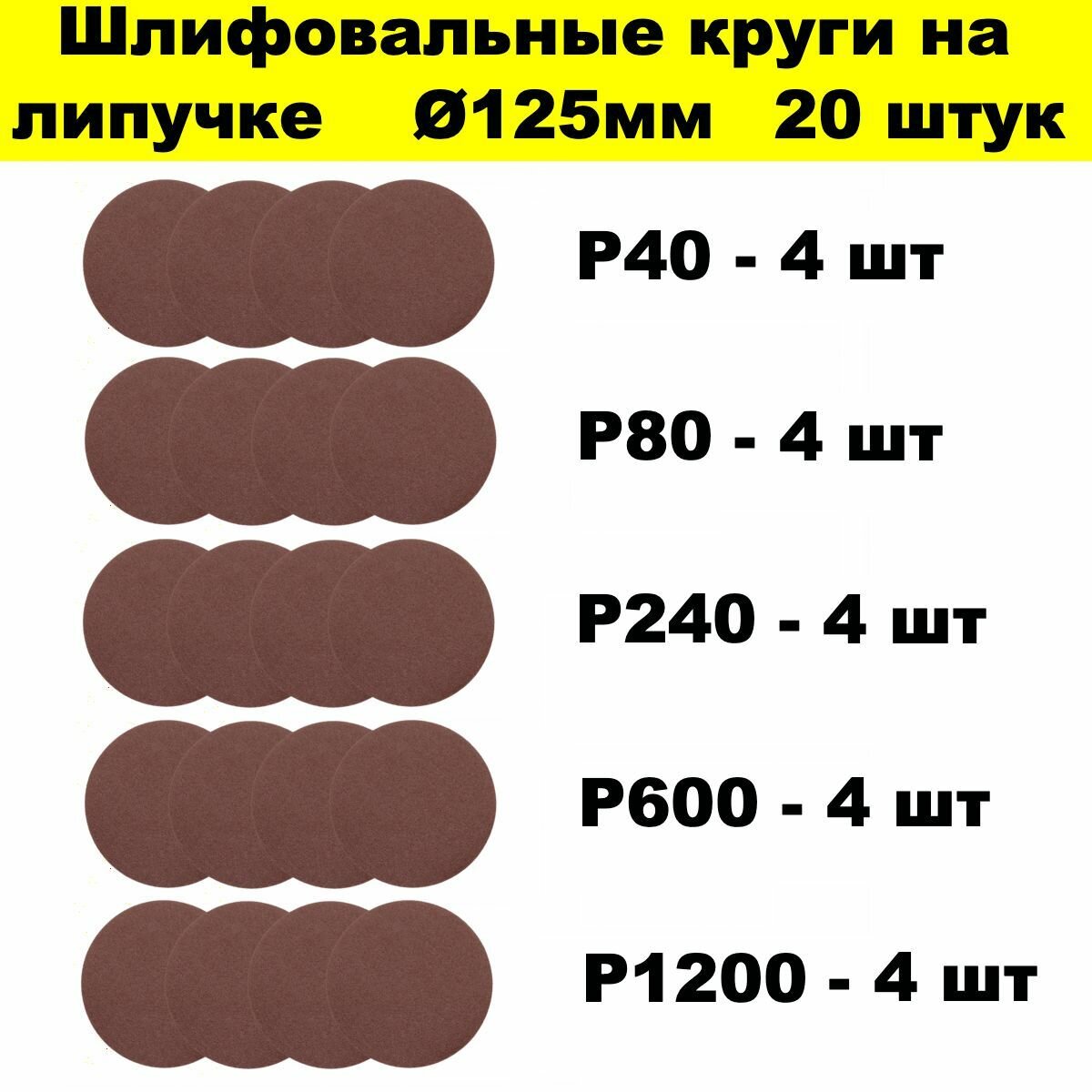 Круги шлифовальные 125 мм 20 штук набор из 5 зернистостей Р40, Р80, Р240, Р600 и Р1200