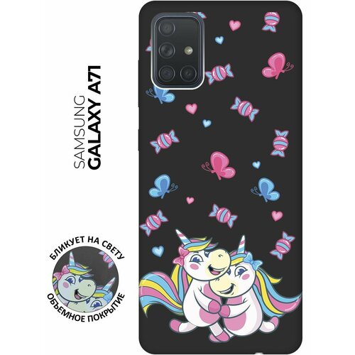 Матовый чехол Unicorns and Candies для Samsung Galaxy A71 / Самсунг А71 с 3D эффектом черный матовый чехол unicorns and candies для samsung galaxy a40 самсунг а40 с 3d эффектом черный