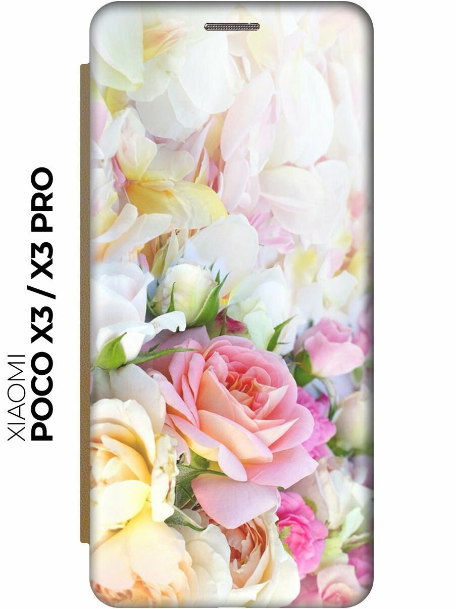 Чехол-книжка Нежные розы на Xiaomi Poco X3 / X3 Pro / Сяоми Поко Х3 / Х3 Про золотой