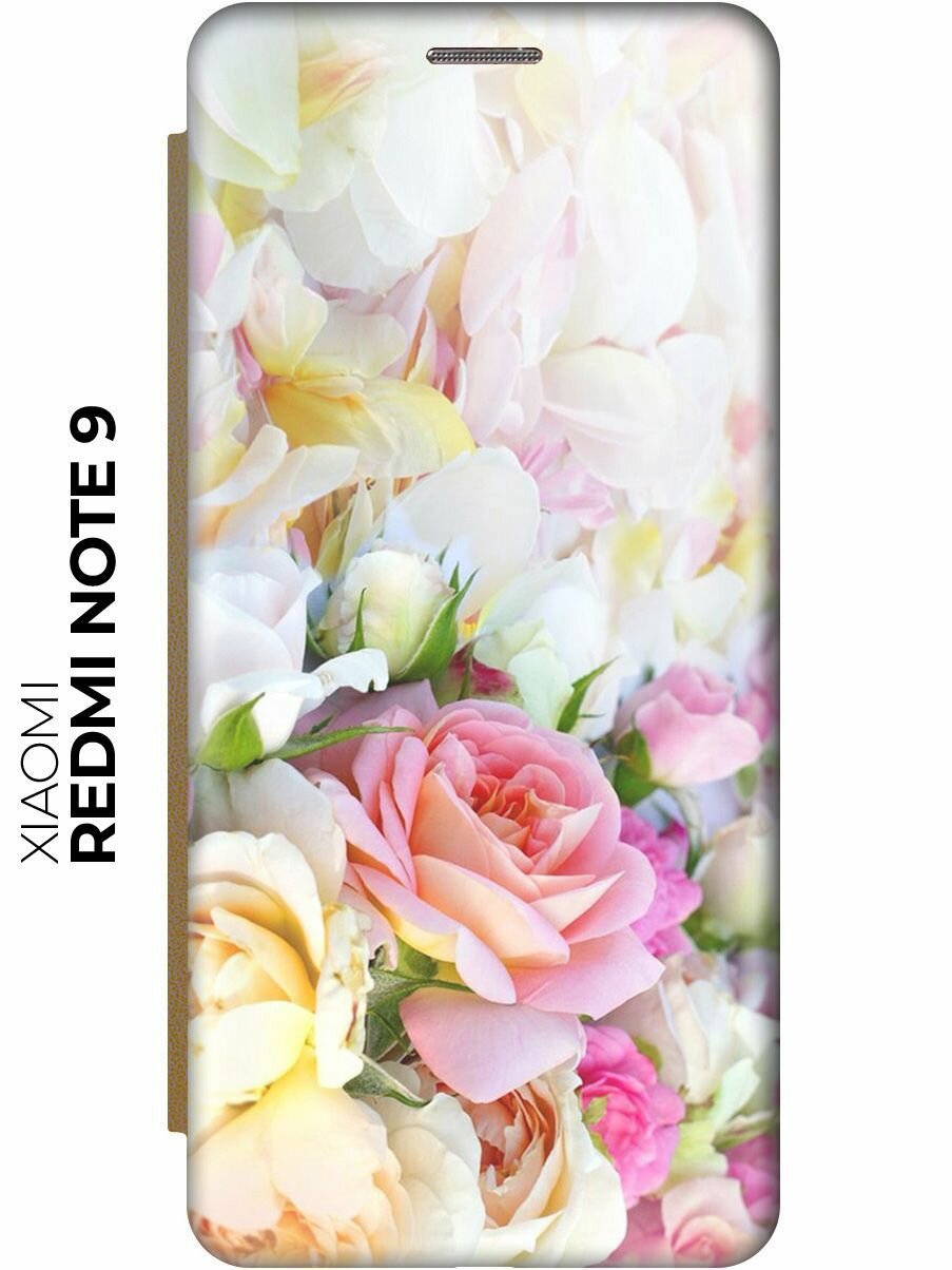 Чехол-книжка Нежные розы на Xiaomi Redmi Note 9 / Сяоми Редми Ноут 9 золотой