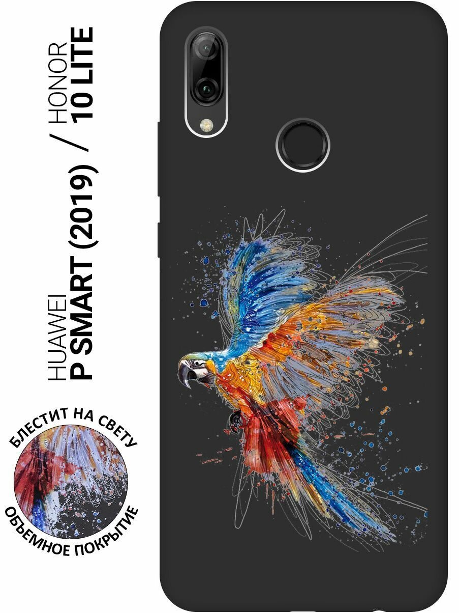Матовый Soft Touch силиконовый чехол на Honor 10 Lite, Huawei P Smart (2019), Хуавей Хонор 10 Лайт с 3D принтом "Colorful Parrot" черный