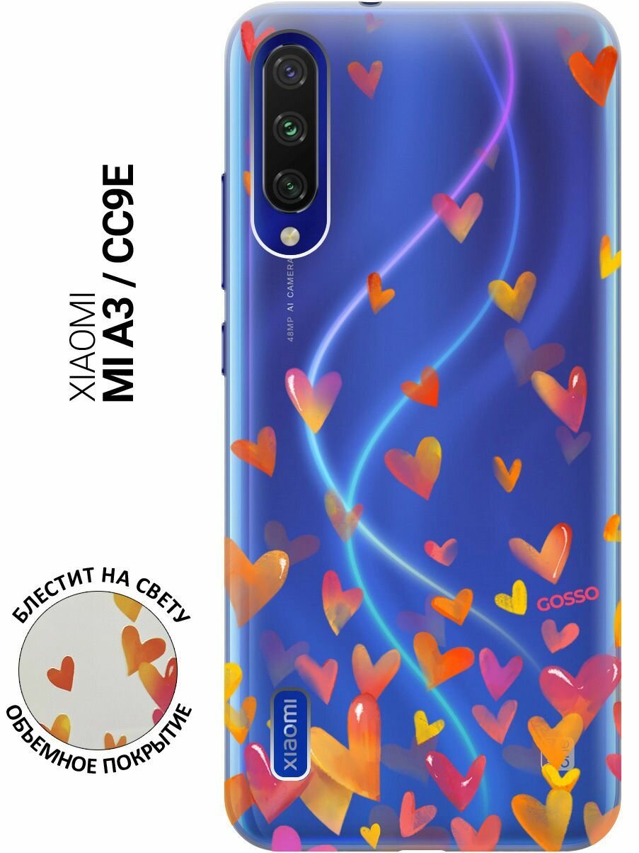 Силиконовый чехол на Xiaomi Mi A3, CC9e, Сяоми Ми А3, Ми СС9е с 3D принтом "Flying Hearts" прозрачный