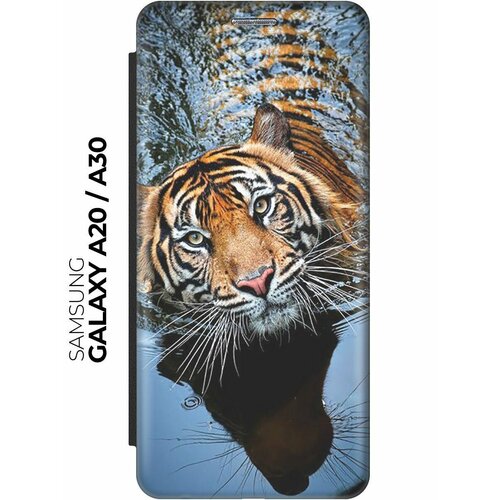 Чехол-книжка Тигр купается на Samsung Galaxy A20 / A30 / Самсунг А20 / А30 черный дизайнерский горизонтальный чехол книжка для самсунг а30 самсунг а20 рычащий тигр