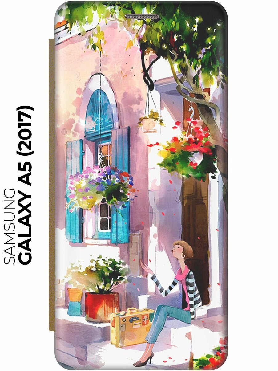 Чехол-книжка Девочка на цветущей улочке на Samsung Galaxy A5 (2017) / Самсунг А5 2017 золотой