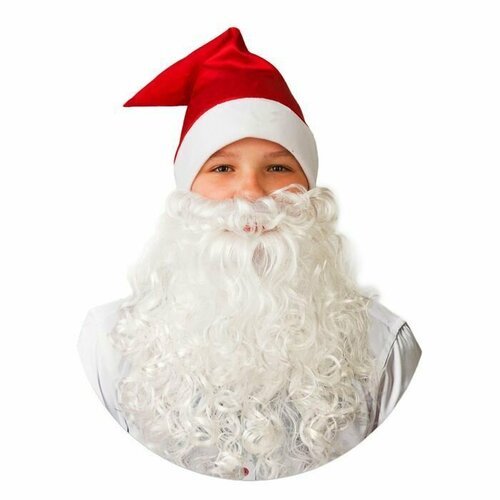 колпак новогодний шапка деда мороза колпак карнавальный Колпак новогодний с бородой, цвет красный, сатин