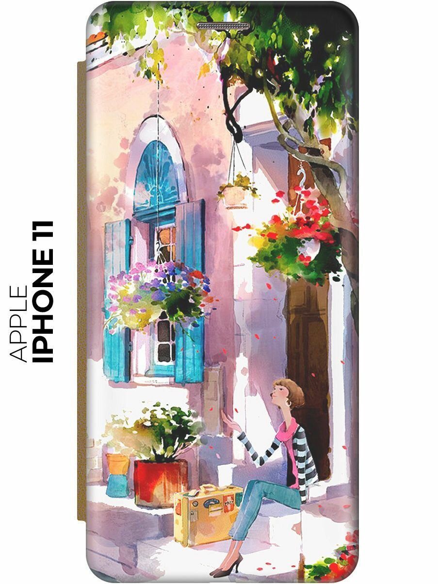 Чехол-книжка на Apple iPhone 11 / Эпл Айфон 11 с рисунком "Девочка на цветущей улочке" золотой