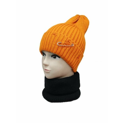 фото Шапка бини зимняя, хлопок, размер универсальный, оранжевый без бренда