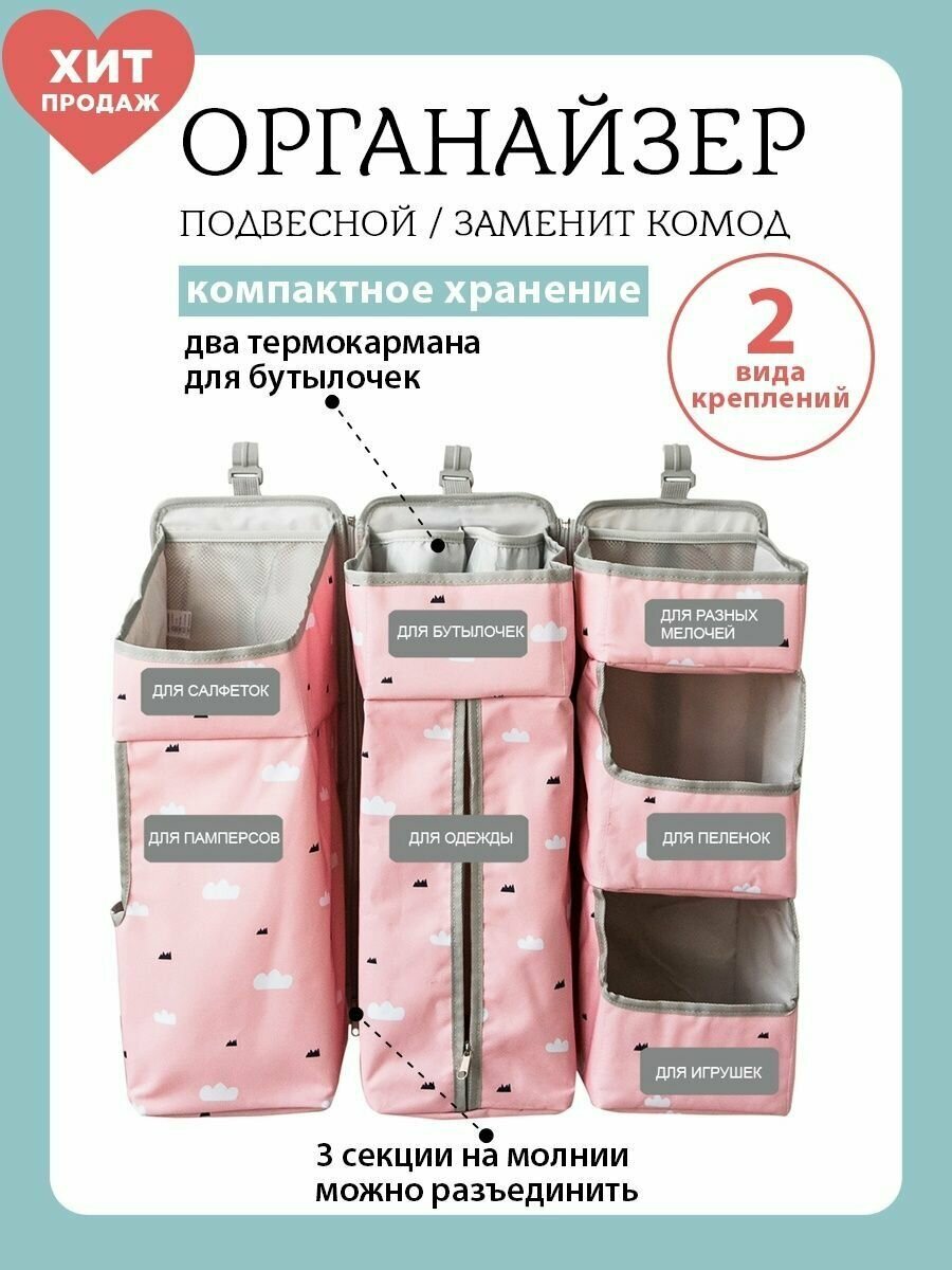 Органайзер на кроватку, крепления на липучках, 7 карманов, розовый Tessolo Home