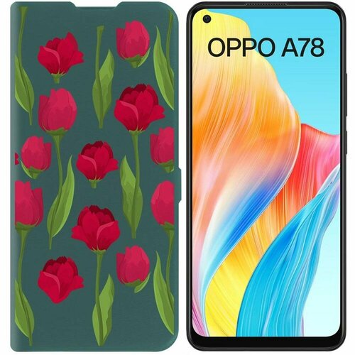 Чехол-книжка Krutoff Eco Book для Oppo A78 4G Розы паттерн (зелёный опал)