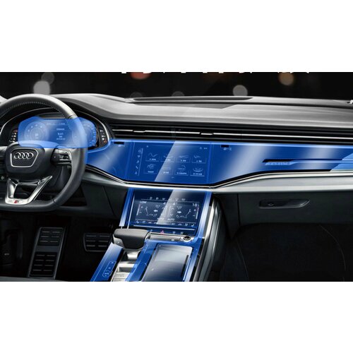 Полный комплект прозрачной защитной пленки MyPads M-156352 в салон автомобиля Audi Q7 2020 21 года для дисплеев + приборной панели спидометра + б.
