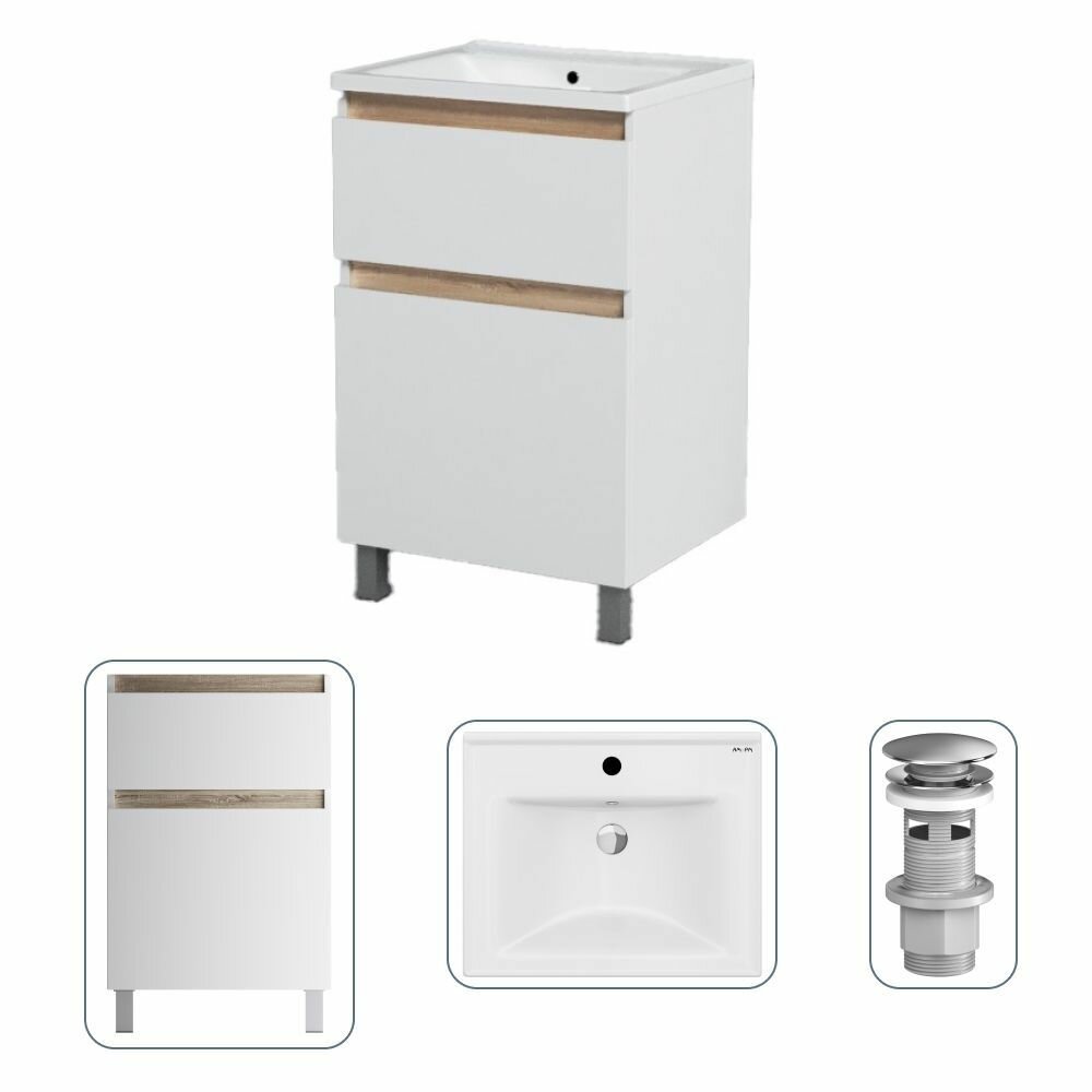 фото Тумба с раковиной в ванную AM.PM с донным клапаном хром, напольная, 55 см, 2 ящика, функциональный органайзер, высококачественная эмаль,