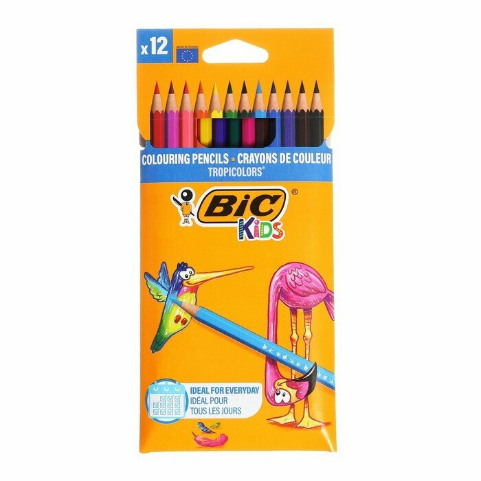 BIC Карандаши 12 цветов, детские, шестигранные, BIC Kids Tropicolors, пластиковые, ударопрочный грифель 3.2мм, картонная упаковка