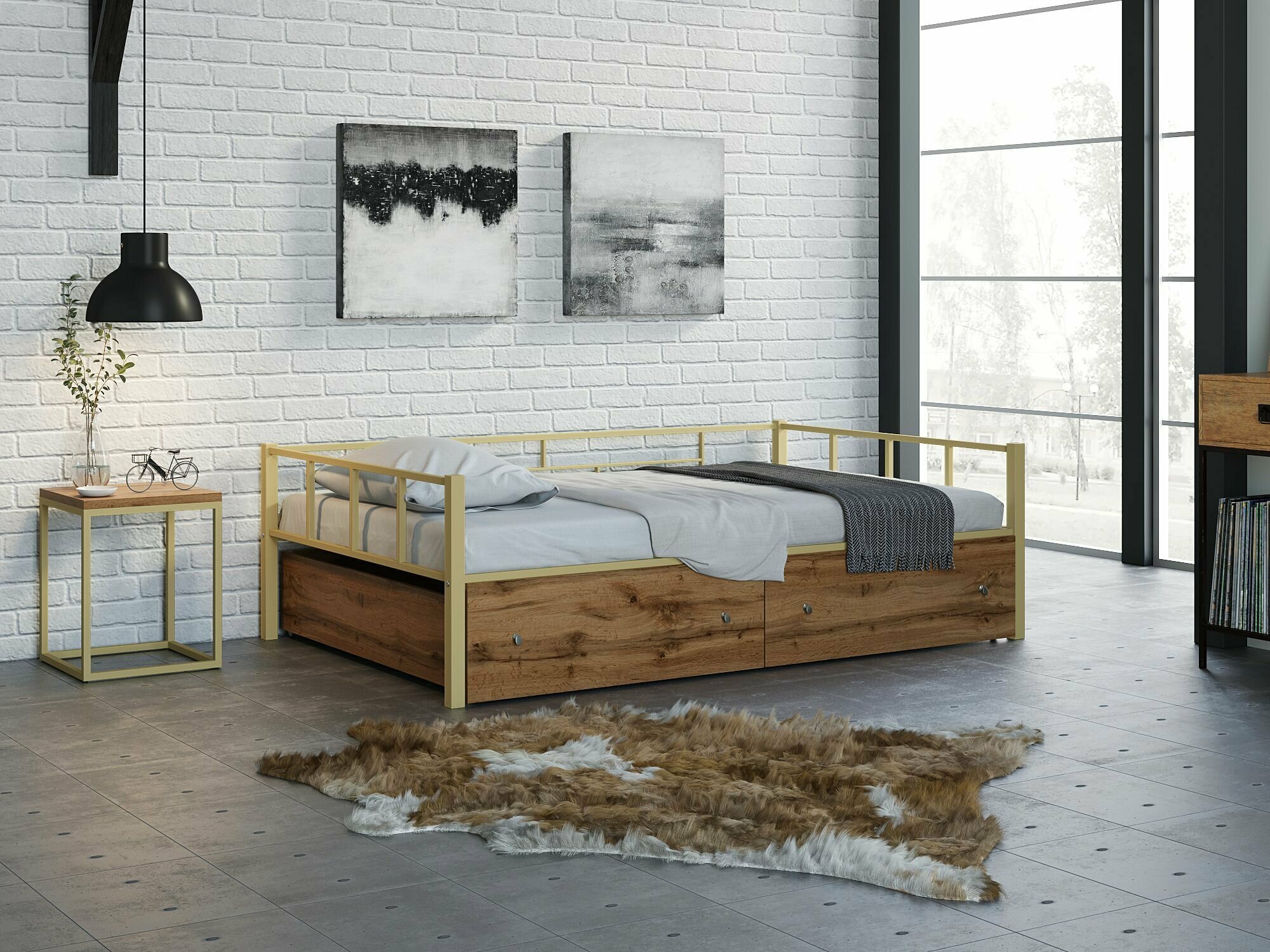 Кровать металлическая Арга 120х190 Слоновая кость с ящиками дуб крафт табак