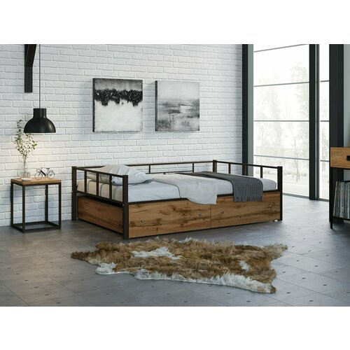 Односпальная кровать Арга 120 Черный ящики дуб крафт табак