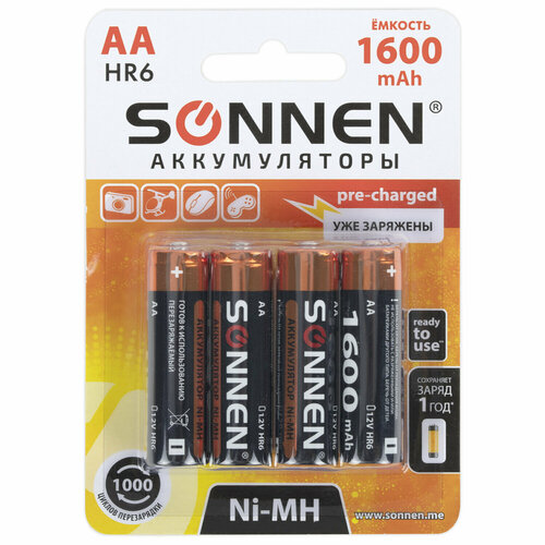 Батарейки аккумуляторные комплект 4 шт, АА (HR6), 1600 mAh, SONNEN Ni-Mh, в блистере, 455605 аккумулятор ni mh 1600 ма·ч 1 2 в gp rechargeable 1600 series aa в упаковке 2 шт