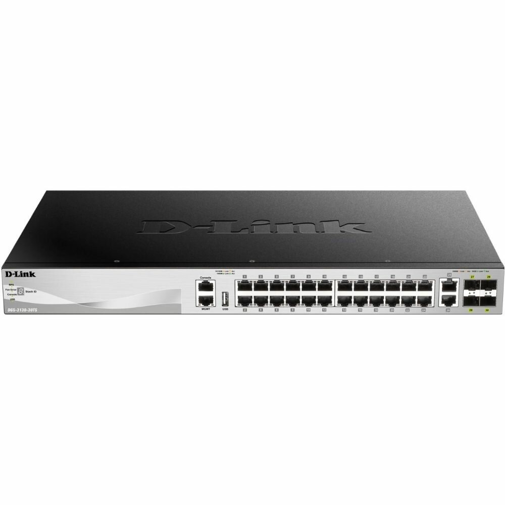 D-Link DGS-3130-30TS/A1A, L2+ Managed Switch with 24 10/100/1000Base-T ports and 2 10GBase-T ports and 4 10GBase-X SFP+ ports.16K Mac address, SIM, USB port, IPv6, SSL v3, 802.1Q VLAN, GVRP, 802.1v P