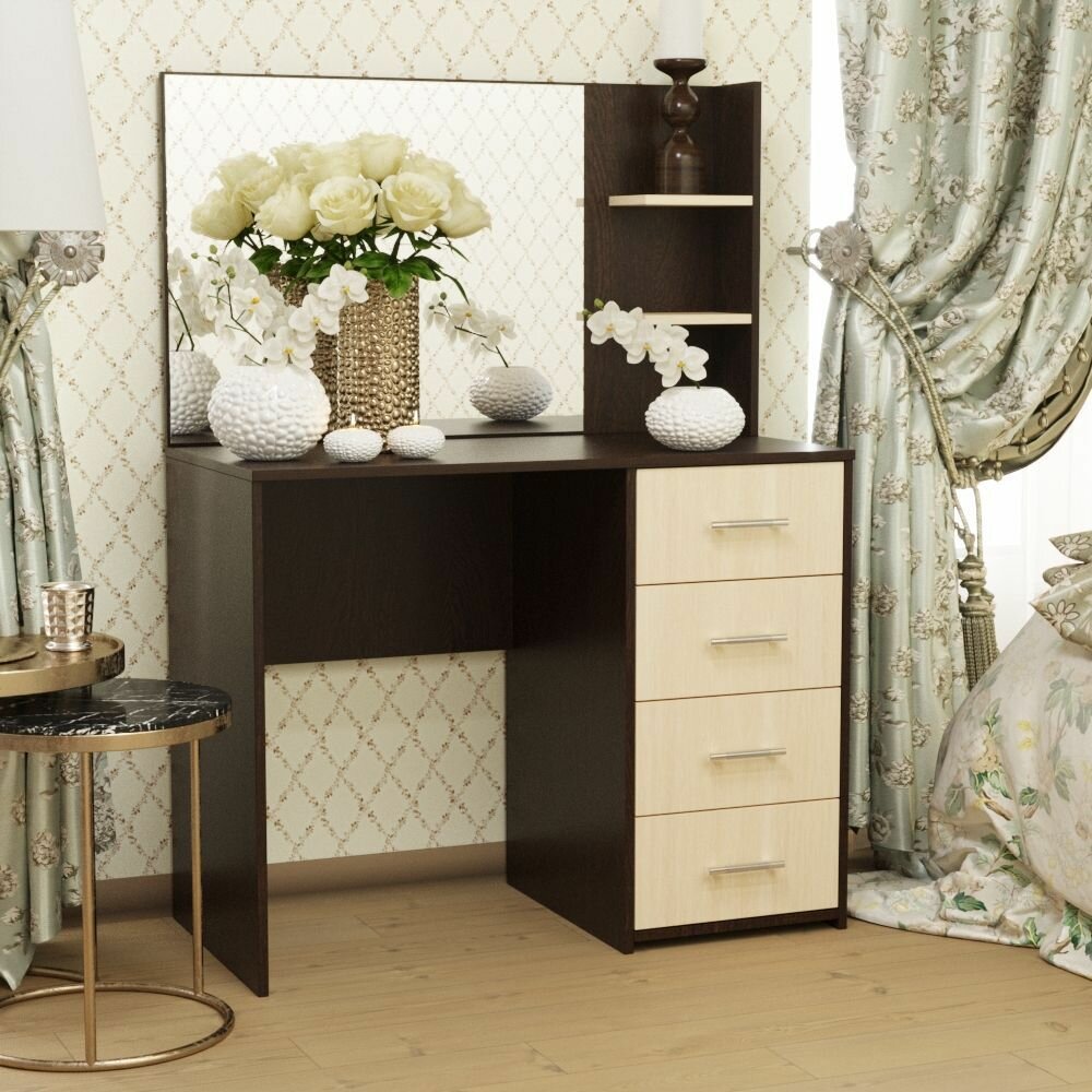 фото Стол туалетный с зеркалом и 4 ящ, от Фант-Мебель, 100х50х139 см, цвет Венге/Млечный дуб