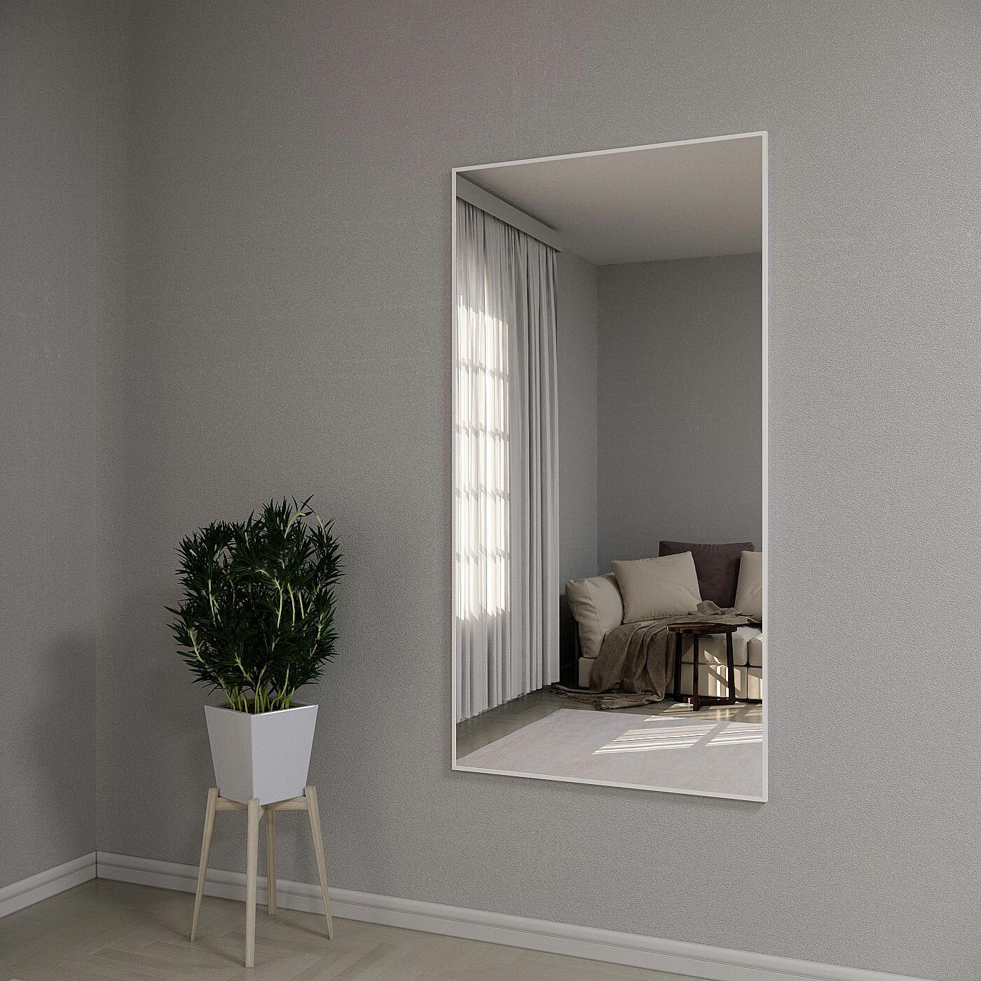 Зеркало настенное в алюминиевой раме ALUMIRROR, 160х90 см. Цвет: Белый - фотография № 3