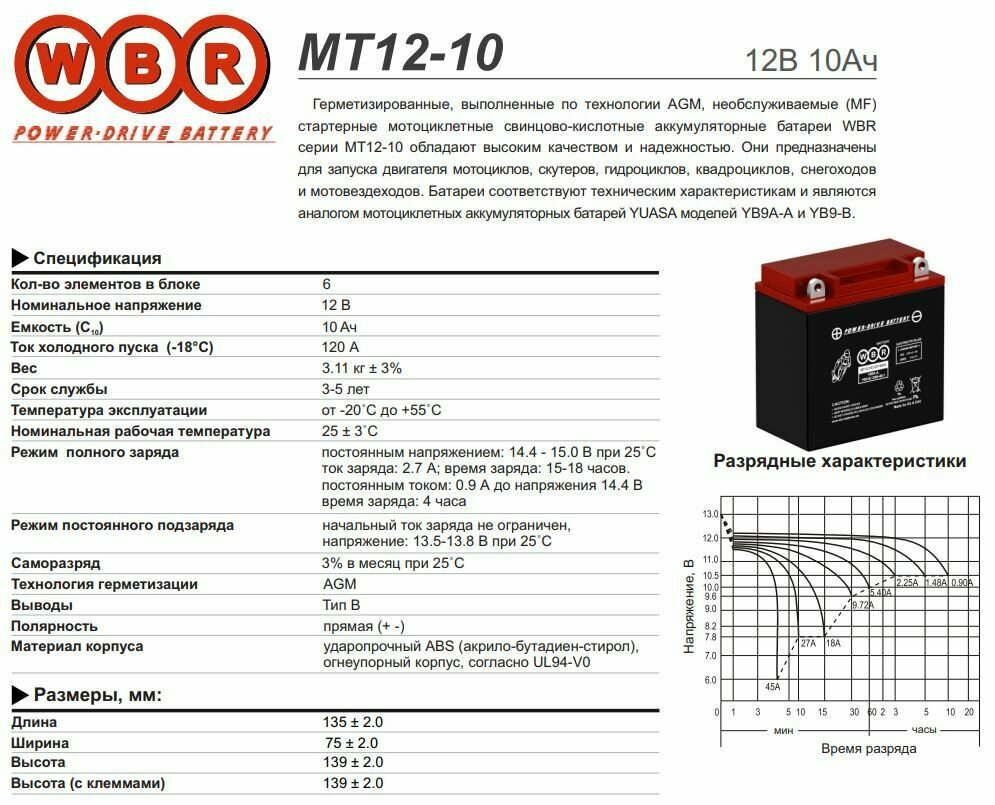 Аккумулятор для спецтехники WBR MT12-10 135x75x138