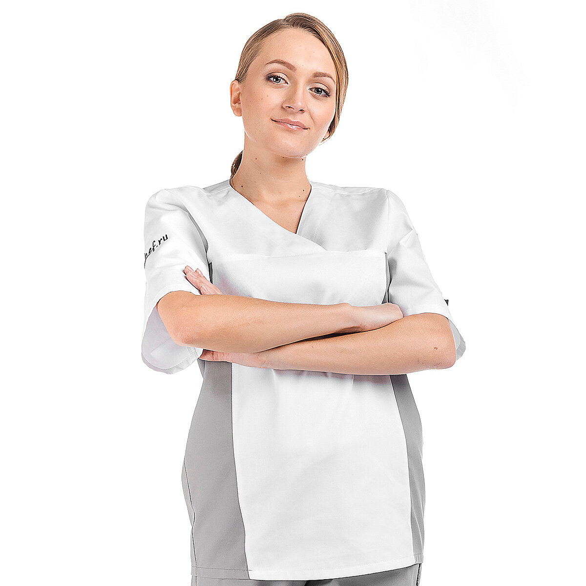 BG03 E-Chef Китель повара женский. Куртка поварская. Серый/Белый. Рукав 1/2. размер 42