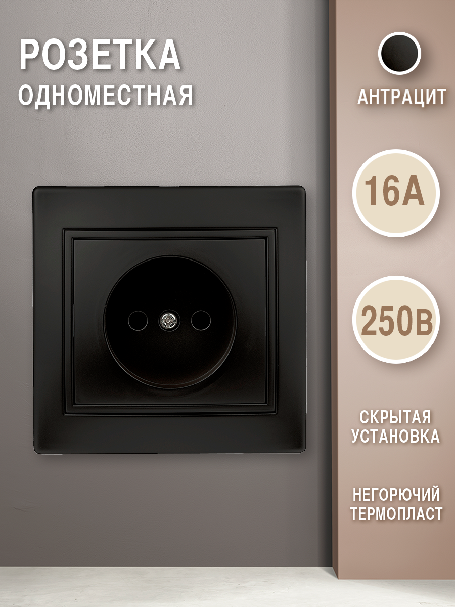 Розетка без заземления 2P 16А-250В IP20 СУ антрацит