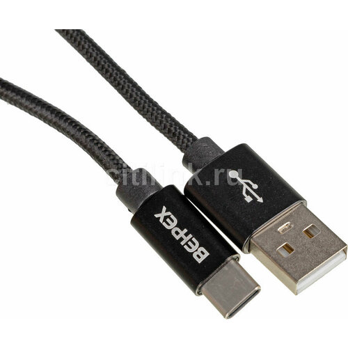 Кабель USB Type-C (m) - USB (m), 2м, в оплетке, 2.4A, черный кабель usb type c m usb m 2м в оплетке 2 4a черный