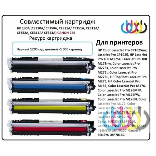 Комплект совместимых картриджей HP 126A, HP 130A (CE310A/ CF350A, CE311A/ CF351A, CE312A/ CF352A, CE313A/ CF353A), Canon 729 для принтеров HP Color LaserJet Pro M175, HP TopShot M275, HP M176, M177, CP1020, CP1025, Canon i-SENSYS LBP-7010