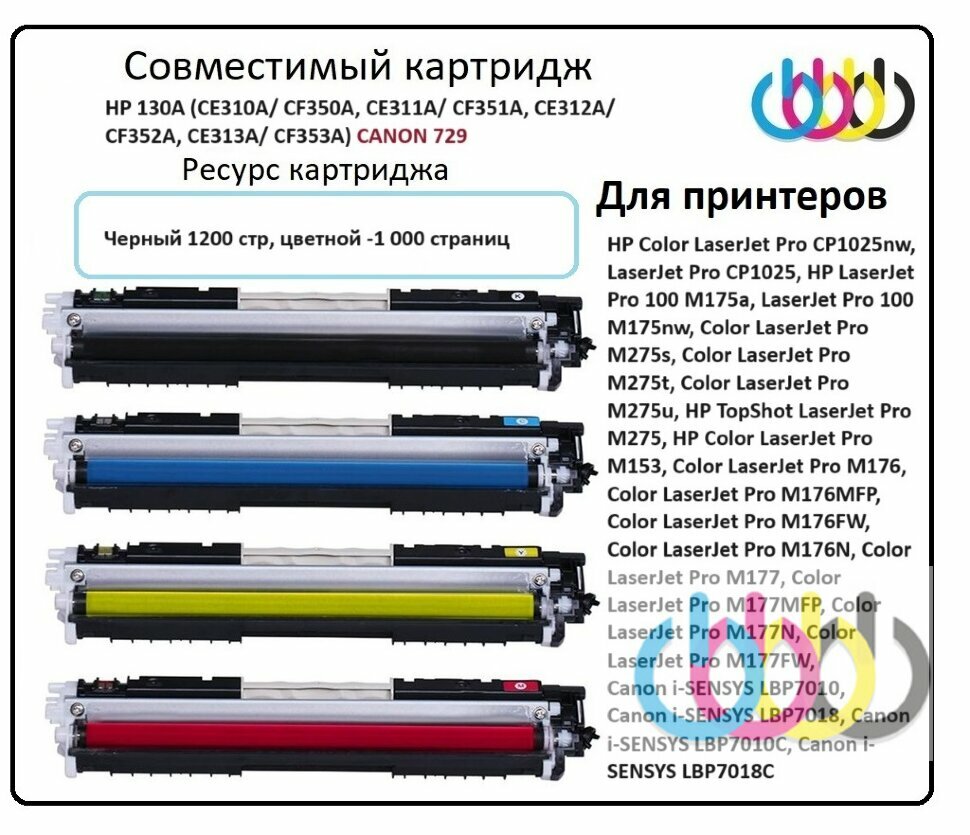 Комплект совместимых картриджей HP 126A, HP 130A (CE310A/ CF350A, CE311A/ CF351A, CE312A/ CF352A, CE313A/ CF353A) Canon 729, универсальный HP/Canon