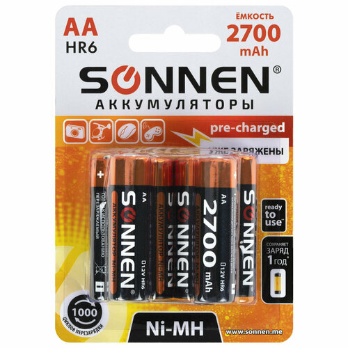 Батарейки аккумуляторные комплект 6 шт, АА (HR6), 2700 mAh, SONNEN Ni-Mh, в блистере, 455608 аккумулятор ni mh 2700 ма·ч gp rechargeable 2700 series aa зарядное устройство usb в упаковке 8 шт