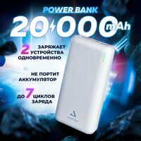 Повербанк для iphone 20000 mAh AMFOX APB-520, power bank для телефона, внешний аккумулятор на honor, пауэр банк для redmi, пауэрбанк для xiaomi, белый