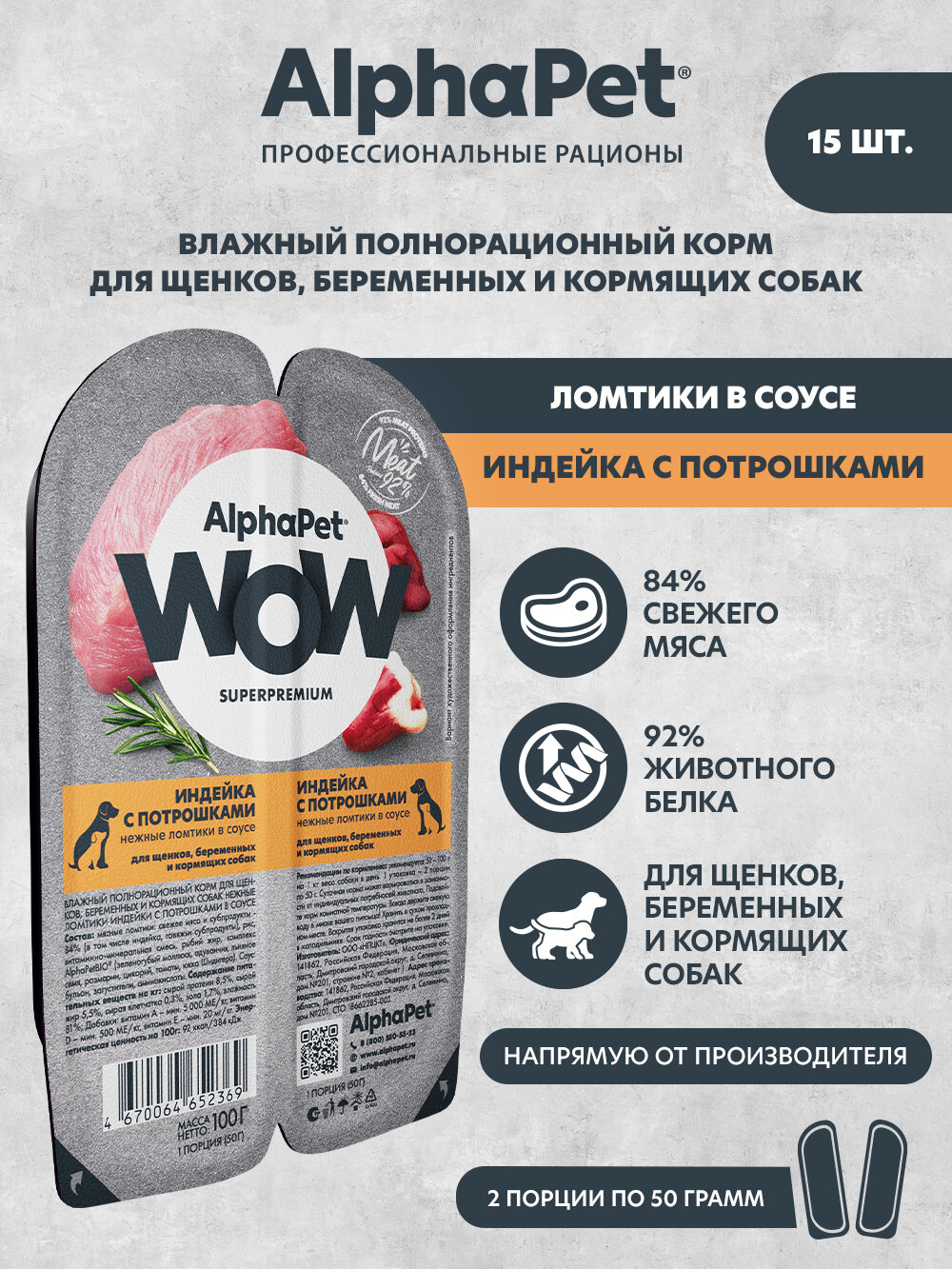 AlphaPet Wow SuperPremium влажный корм для щенков индейка с потрошками (15шт в уп)