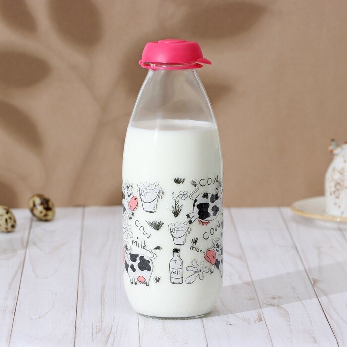 Бутылка "Буренка", для молока, стеклянная, с крышкой, 1 л, 8,5х24.5 см