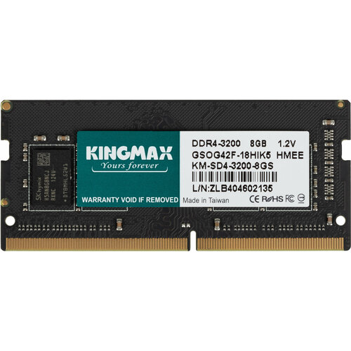 Оперативная память Kingmax DDR4 - 8GB, 3200 МГц, SO-DIMM, CL22, RTL (km-sd4-3200-8gs) память ddr4 8gb 3200mhz kingmax km sd4 3200 8gs rtl pc4 25600 cl22 so dimm 260 pin 1 2в dual rank re