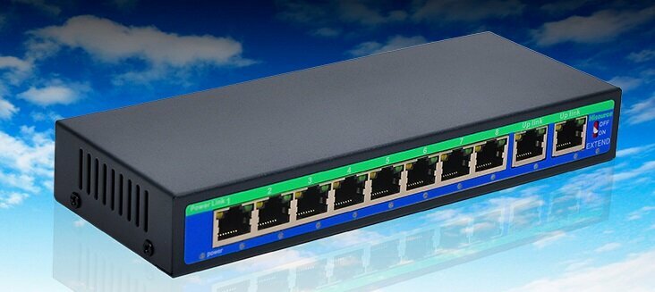 Коммутатор POE switch 12-55V 2+8 портов (8 РоЕ + 2 Uрlink 100мбит/с) без бп ПоЕ свитч