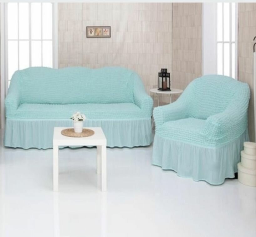 Чехол на диван и 1 кресло с оборкой диван трехместный на резинке универсальный чехол для мягкой мебели накидка дивандек на диван и кресло