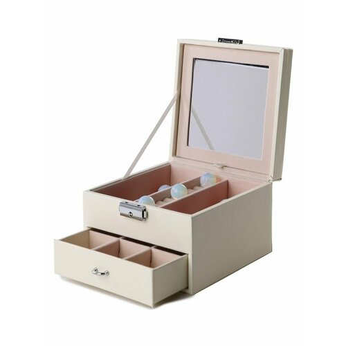 Шкатулка для украшений и часов двухъярусная с замком и зеркалом белая