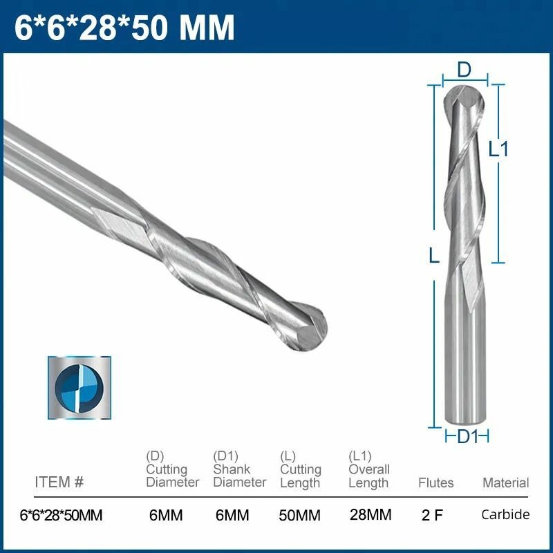 Фреза спиральная двухзаходная сферическая XCAN, 6х28х50мм