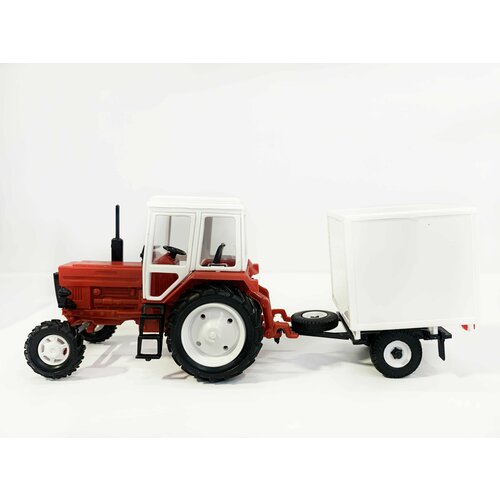 Трактор МТЗ-82 (пластмасса, красный) с прицепом будка(белая) 1:43 160014 трактор мтз 82 пластмасса сине черный с прицепом тент 1 43