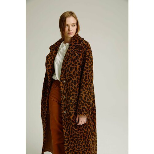 Пальто EDGE, овчина, силуэт свободный, карманы, пояс/ремень, размер 40, коричневый