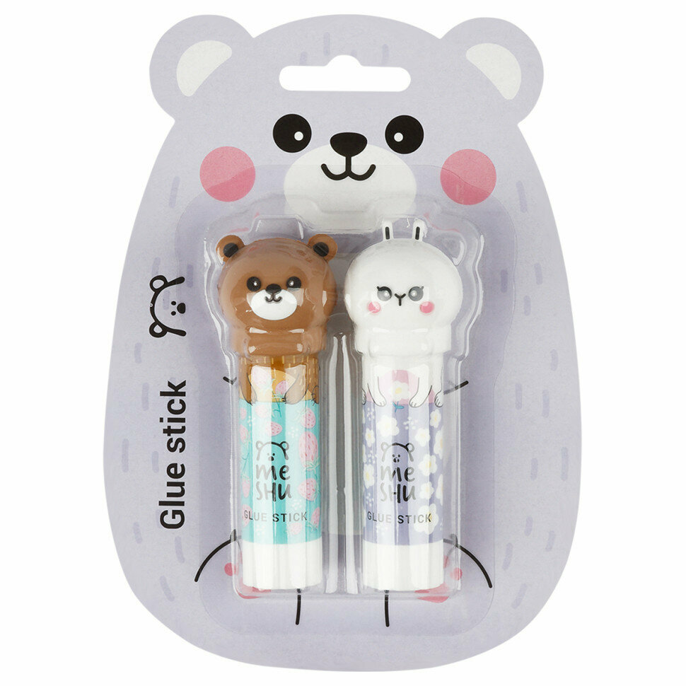 Клей-карандаш MeShu с топпером "Animals", 8г, 2шт в блистере, ПВП, ассорти, 356023