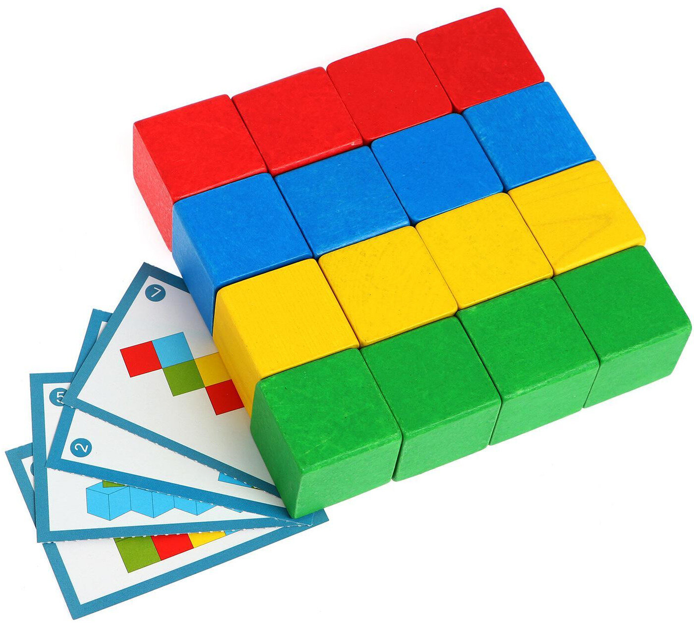 Деревянные логические цветные кубики Краснокамская игрушка "Мозаика", 16 элементов + 8 карточек с заданиями