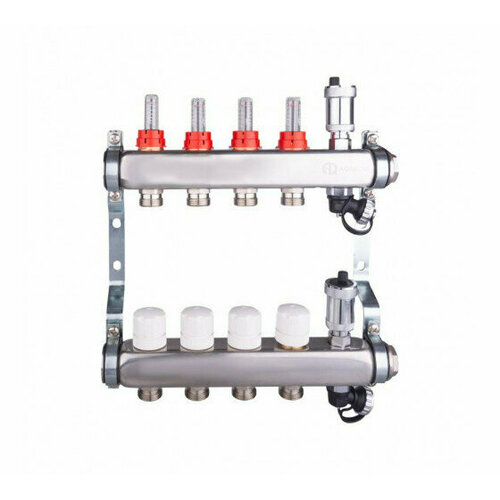 AQUALINK 02702 (1х4х3/4), Коллекторная группа с расходомерами, сливным краном и автоматическим воздухоотводчиком, нержавеющая сталь коллекторная группа 1х3х3 4 с расходомер сливным кр автомат возд ком нерж ст aqualink 1 1