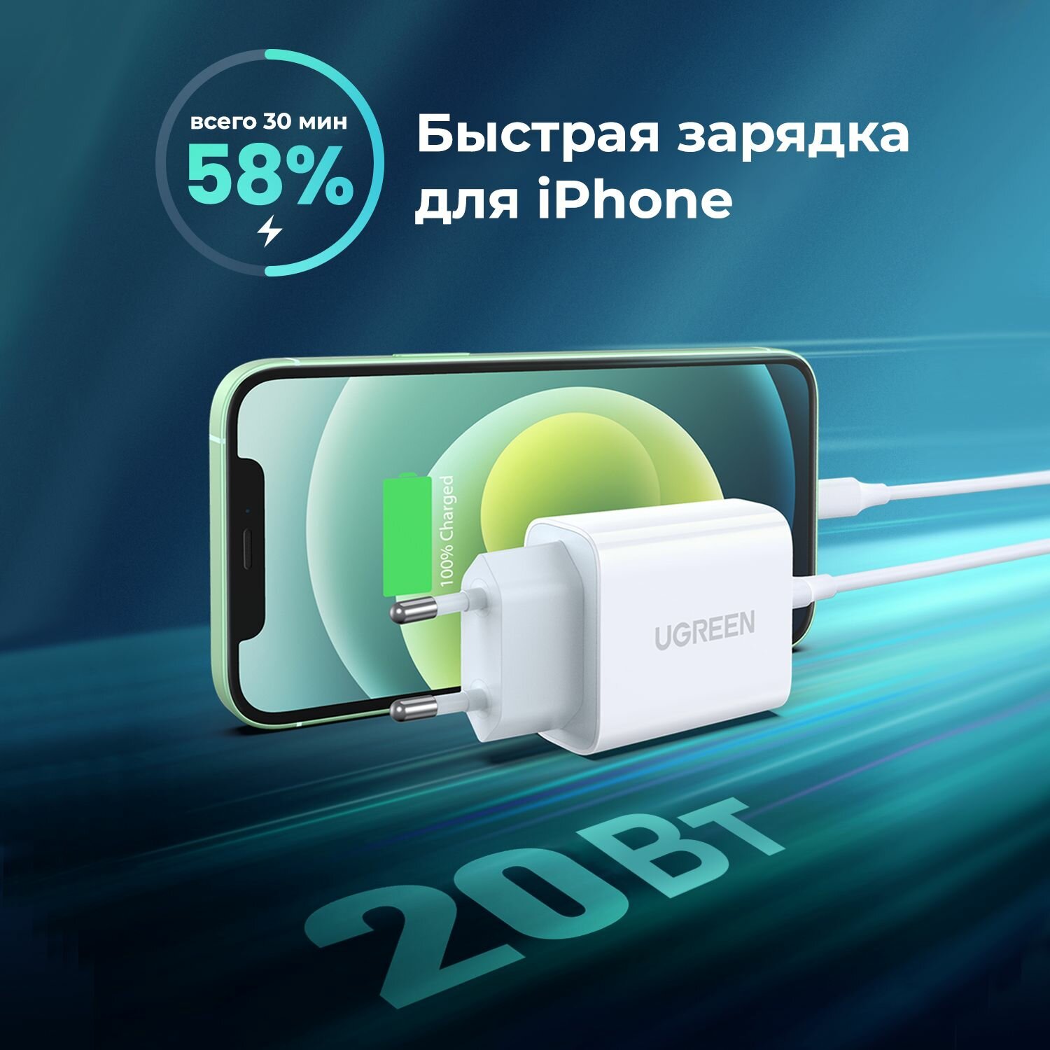 Зарядное устройство UGREEN CD137 (60450) Fast Charging Power Adapter With PD 20W EU. Цвет: белый