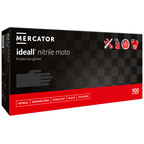Перчатки сверхпрочные нитриловые удлиненные, размер XXL, ideall nitrile moto, Mercator / Меркатор, особо прочные, черные, 100 штук